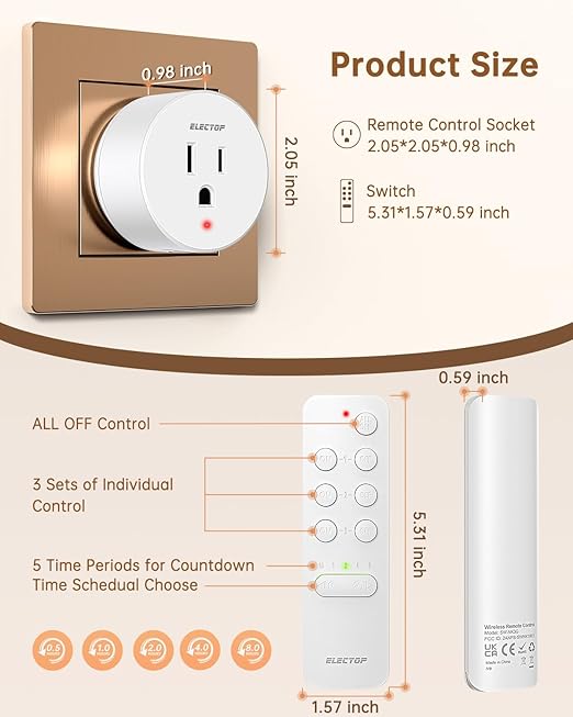 ELECTOP Remote Control Outlet, 15A/1500W Wireless Outlet Power Switch with Countdown Function, No Wire Long Range Electrical Switch Plug On/Off for Small Household Appliance(1 Swicth & 2 Outlets)