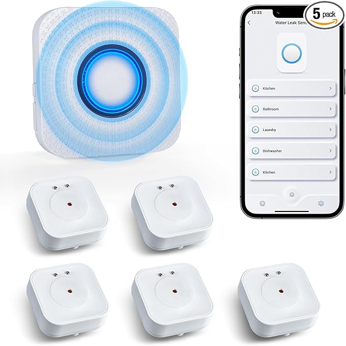 WiFi Water Sensors - 110dB Detector with Real-time APP Notifications | 5Pack Leak Alarm with Remote Control, 2.4G Sensors for Home