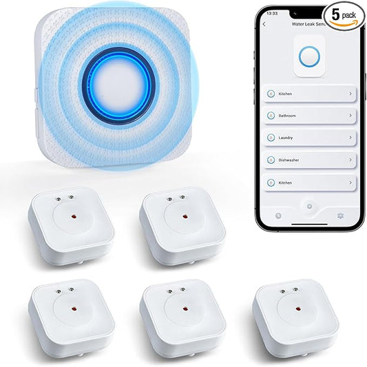 WiFi Water Sensors - 110dB Detector with Real-time APP Notifications | 5Pack Leak Alarm with Remote Control, 2.4G Sensors for Home