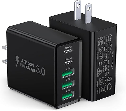 [2-Pack] USB C Wall Charger, 50W USB C Charger Block 5-Port PD Fast Charging Blocks,2USB C+3USB A Multiport Plug,Type C Power Adapter Brick Cube for iPhone 16/15/14/13/Pro,Samsung,for Switch（Black）