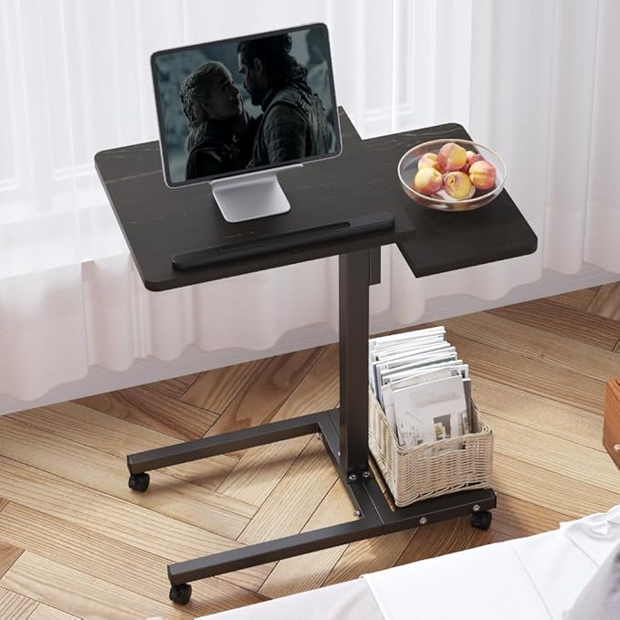 Laptop Desk Stand for Bed Portable Desk Overbed Bedside Mobile Laptop Table Rolling Foldable Table Adjustable Height with Locked Wheels & Mouse Pad for Office Sofa (Dekuwood Black)