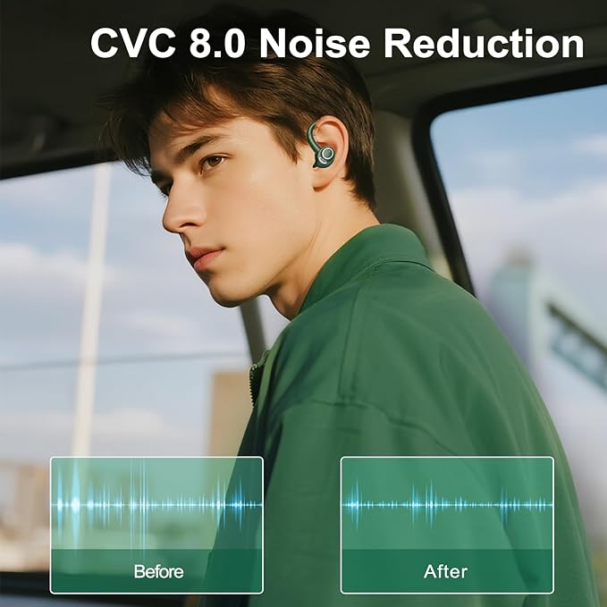 Wireless Earbuds Bluetooth 5.3 Headphones Sports, 48Hrs Playtime Bluetooth Earbuds with CVC 8.0 Mic, Stereo Bass Over Ear Bud with Earhooks, LED Display, IP7 Waterproof Earphon for Running Green