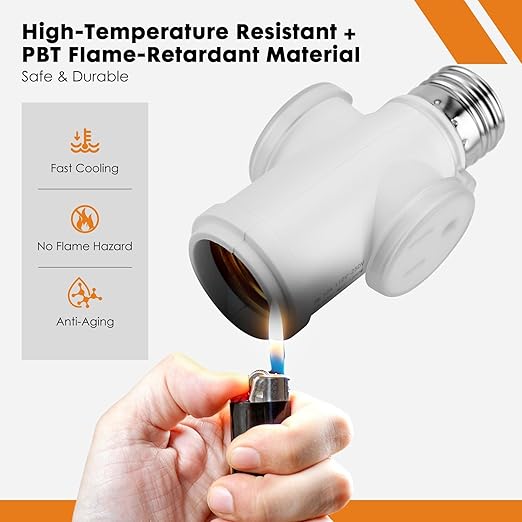 Onite Light Socket Outlet Adapter, Update to 3 Prong Plug Splitter with Waterproof and Dustproof Cover for Outdoor & Indoor, (White, 2-Pack)