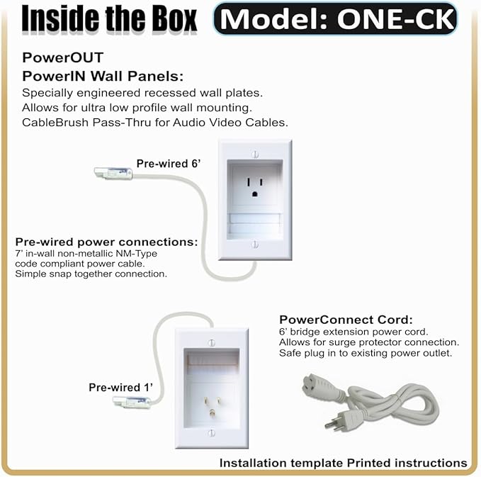 ONE-CK Single Outlet TV Cord Hider for Wall Mounted TVs - Recessed In-Wall Cable hider System for Power & Low Voltage - Matches Existing Outlets - Hide Wires With this Easy DIY Install Kit