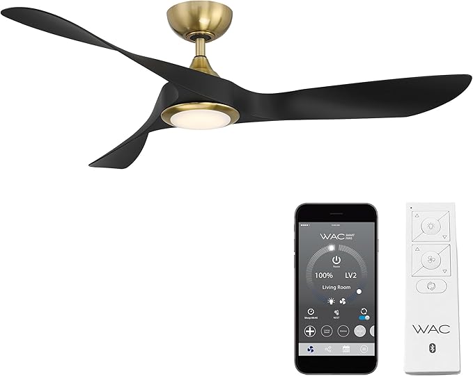 WAC Smart Fans Swirl Indoor and Outdoor 3-Blade Smart Home Ceiling Fan 54in Soft Brass Matte Black with 3000K LED Light Kit and Remote Control works with Alexa and iOS or Android App