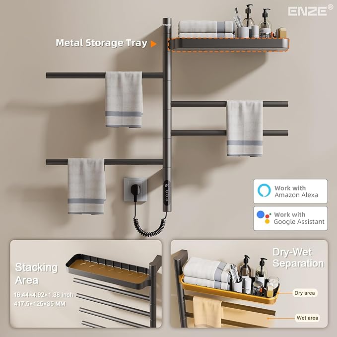 ENZE Smart Rotating Heated Towel Rack for Bathroom, Wall-Mounted Electric Towel Dryer with Swivel Bars & Shelf, Smart Timer, Low Carbon Steel, Plug-in/Hardwired, Towel Warmer with Wi-Fi App Control