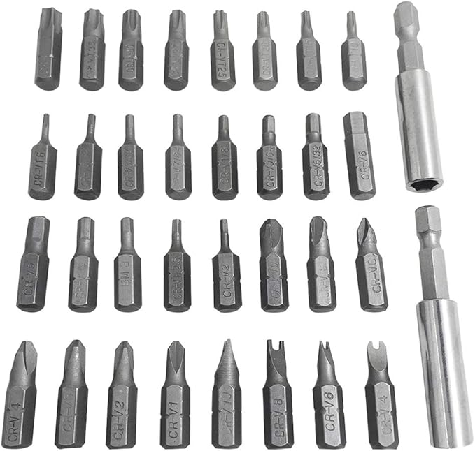 34 Pcs Screwdriver Bit Set with Magnetic Extension Bit Holder, FineGood Security Anti-Tamper SAE Metric Hex Tri-Wing Torq Spanner Star Bit - Blue