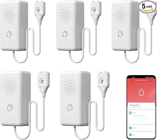 BSEED WiFi Water Leak Detector 5 Pack, Smart Water Sensor with Cable, 85dB Audio/App/SMS/Email Alarm, Rapid Leak Detection for Home, Kitchen, Bathroom, Basement, IP65 Waterproof, No Hub Required