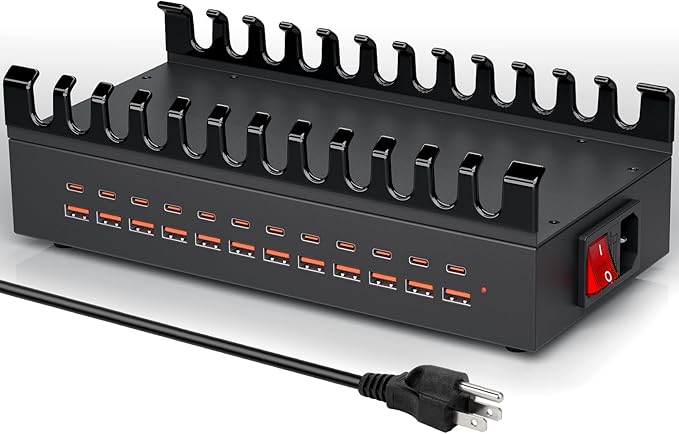 300W USB Charging Station for Multiple Devices, 24 Port USB ~C Fast Charging Station, Multi Device Charger Station Organizer Compatible with Tablet, Laptop, Cellphone, iPhone, iPad and More