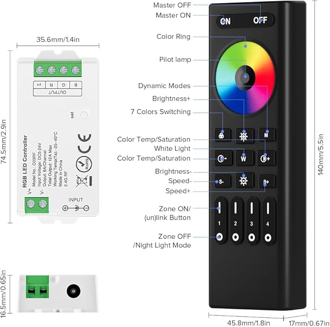 BTF-LIGHTING 5050SMD FCOB COB RGB RF Remote RC03RFB &2PCS C03RF Tuya Controller Kit 4 Zones RF 2.4GHz Wireless Remote Group Control PWM RGB (+ R G B) 4pin LED Strip DC5V DC12V DC24V