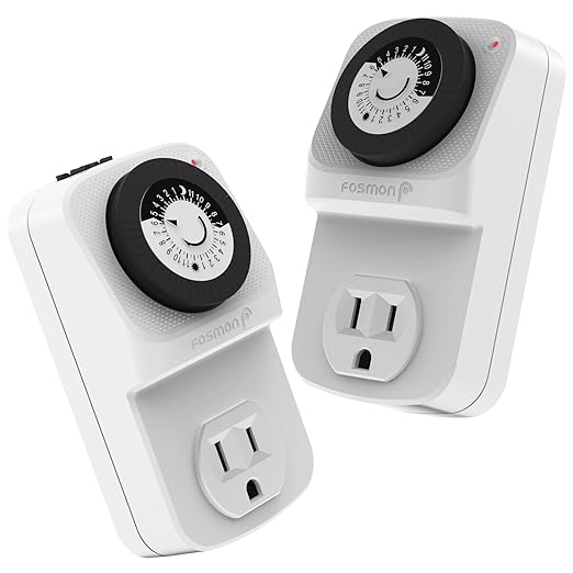 Fosmon 24 Hour Outlet Timer for Electrical Outlets, Indoor Mechanical Light Timers Switch Programmable, Electric Wall Plug for Reptile, Grow Light, Lamp, Fan, Aquarium, 3 Prong, Grounded- 2 Pack