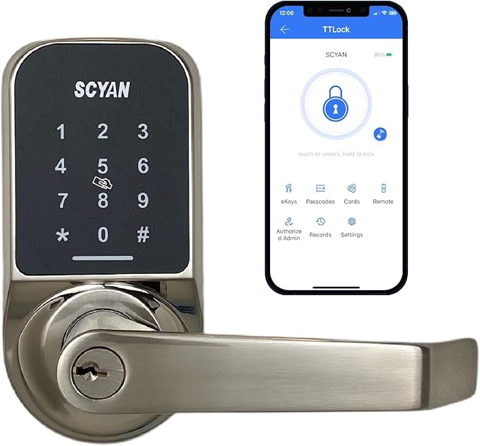 Smart Door Lock, Keyless Entry Door Lock, SCYAN X4 Handle Lock with Touchscreen Keypad Access, Auto Locking, for Home, Airbnb, Rental House (Brushed Nickel)