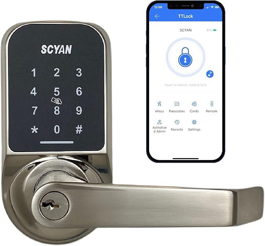 Smart Door Lock, Keyless Entry Door Lock, SCYAN X4 Handle Lock with Touchscreen Keypad Access, Auto Locking, for Home, Airbnb, Rental House (Brushed Nickel)