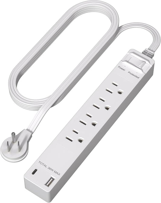 LIDER PD 36W Surge Protected Outlet Extender with 4-Outlet Power Strip, 1 USB Type-A, and 1 Type-C Port, 5ft, Up to 1500J, LED Indicator, ON/Off Switch, Flat-Plug, 45-Degree Angle, UL-Listed, White