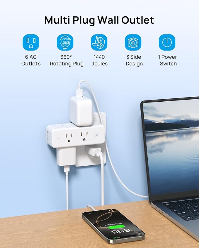 TROND Outlet Extender Surge Protector, 6 AC Outlet Splitter with 360° Rotating Plug, 1440J, 3-Sided Swivel Wall Plug Adapter with Power Switch, Multi Plug Expander for Home Office Travel