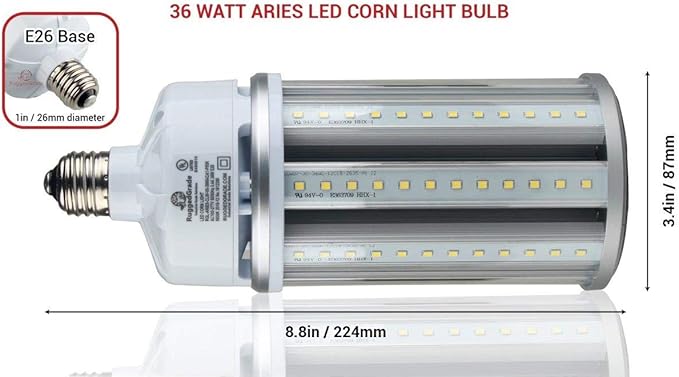 RuggedGrade Aries Series 36W LED Corn Light Bulb | 4,600 Lumens | 5000K | E26 Base | Energy-Efficient LED Lighting | DLC 5.1 Premium