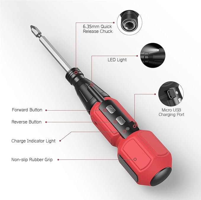LOFICOPER Mini Electric Screwdriver Set, Rechargeable Cordless Screwdriver, Portable Power Screwdriver Kit with Charging Cable, LED Lights, for Phones, PC, Toys, Red