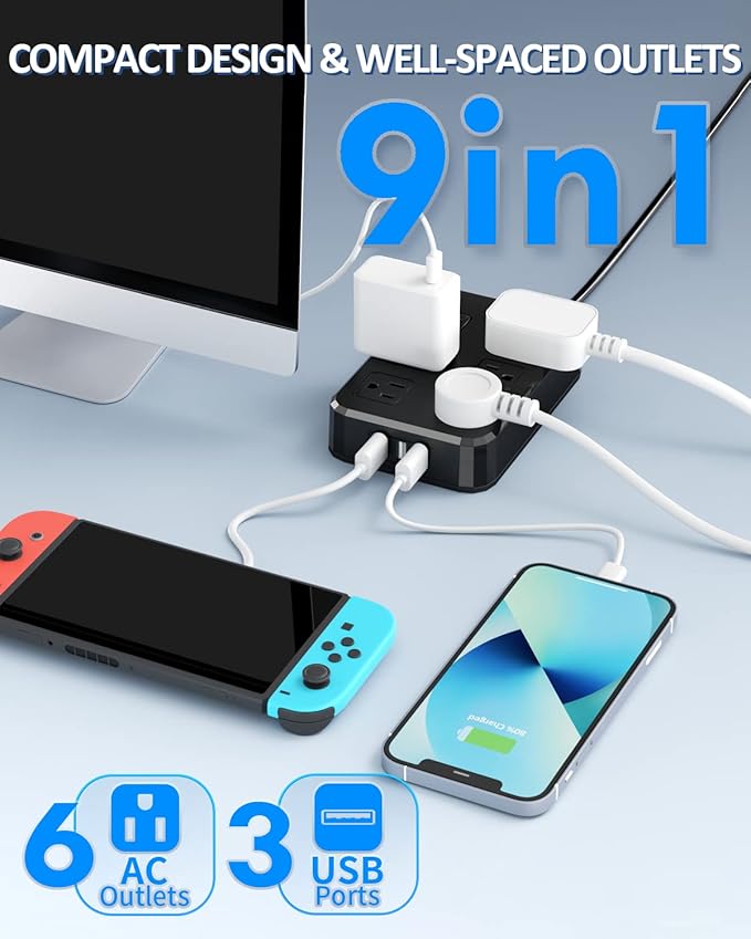 Outdoor Power Strip Weatherproof, Waterproof Surge Protector with 6 Wide Outlet with 3 USB Ports, 10FT Extension Cord,1875W Overload Protection,Outlet Extender for Christmas Lights ETL Listed Black