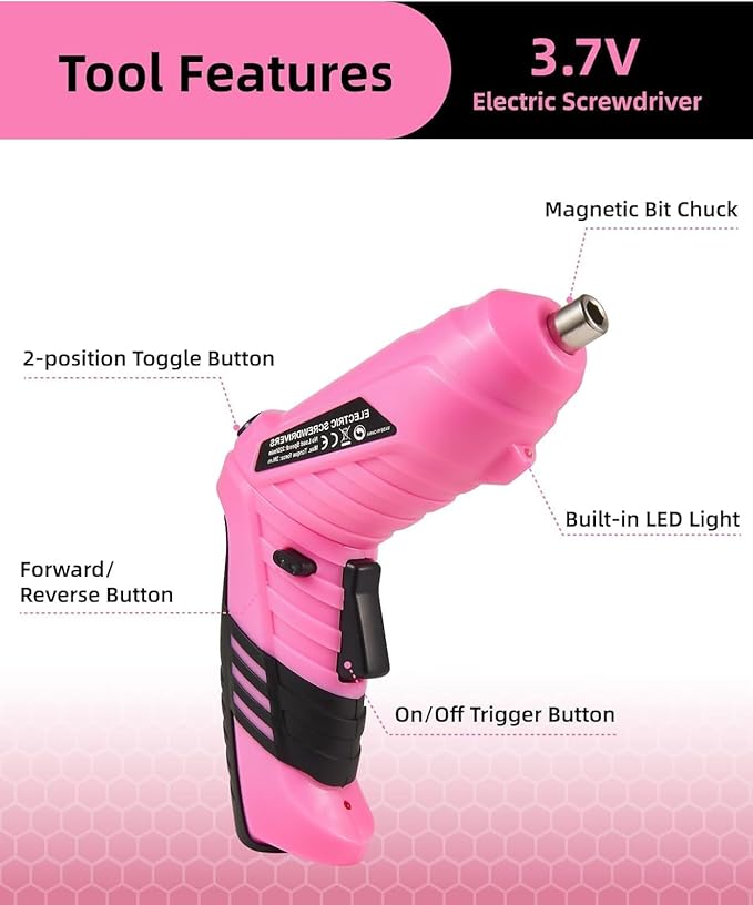 Pink Cordless Electric Screwdriver Set, 3.7V Rechargeable Small Electric Drill with 48pcs Driver Bit Set, Power 3Nm Screw Gun with 2 Position Handle, Flexible Shaft LED Light for Women