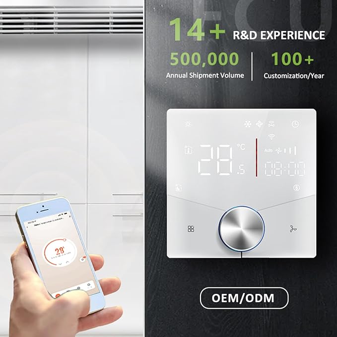 Central AC Thermostat Smart Energy Saving Control LED Panel Touch Key Thin Wall Mount Cool Lighting Effect WiFi Air Conditioner Thermostat for Home (White)