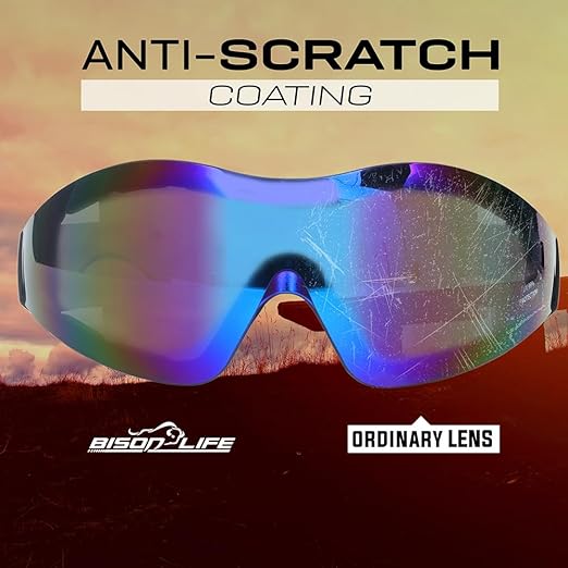 BISON LIFE Mirage Vented Safety Goggles with Adjustable Elastic Band & Protective Pouch, UV Protection Eye Goggles for Outdoor Activities, Blue Mirror, Dustproof Glasses for Men & Women (1 Pack)