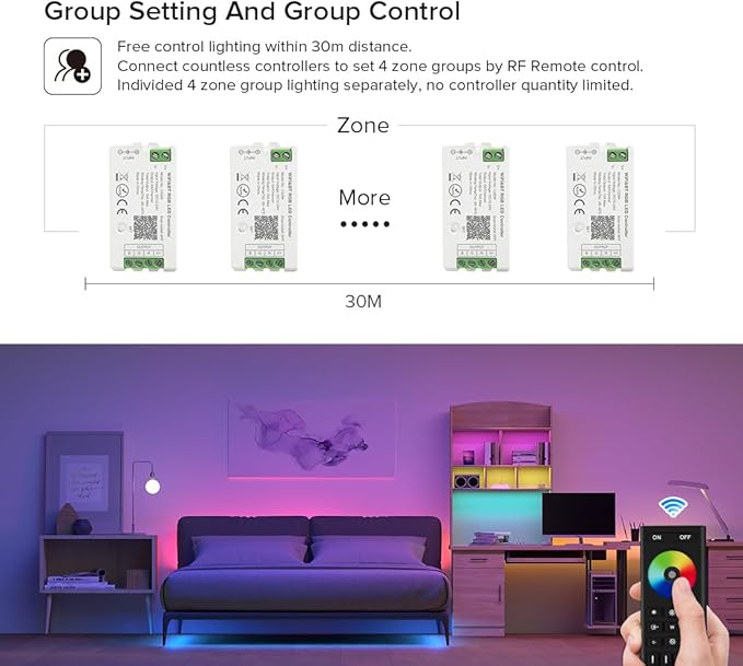 BTF-LIGHTING 5050SMD FCOB COB RGBCCT RF 2.4GHz Wireless Remote RC03RFB &4PCS C05RF Tuya Controller Kit 4 Zones Group Control PWM RGBWW (+ R G B C W) 6pin LED Strip DC5V DC12V DC24V