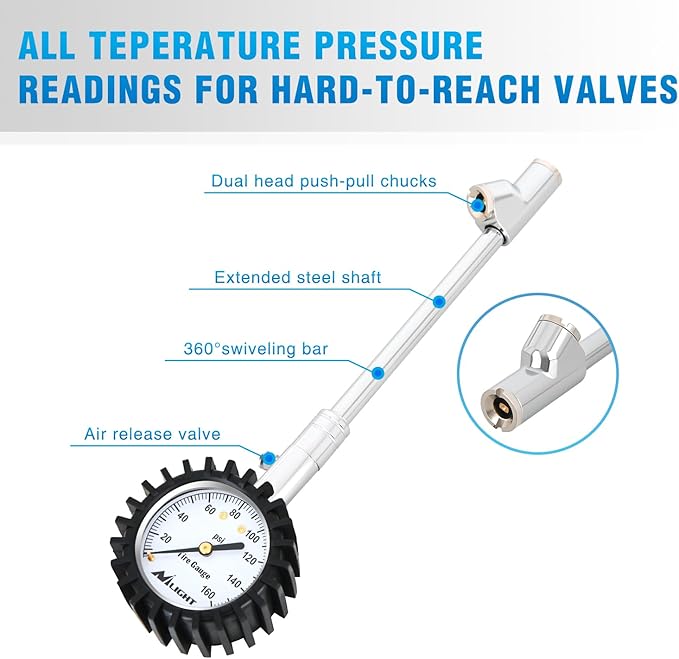 Nilight Tire Pressure Gauge 160PSI Heavy Duty Stainless Steel Dual Head Air Pressure Chucks ANSI B40.1 Certified Large 2" Dial Wheel Checker for Truck Semi Truck ATV Motorhome Cars & RV Accessories