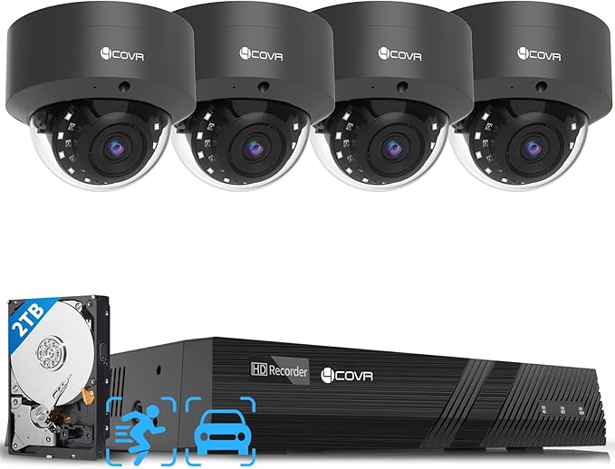 4COVR PoE Security Camera System, AI Human Vehicle Detection, 4Pcs 5MP IK10 Vandal-Proof Dome PoE IP Camera with Mic, 8CH 8MP H.265 NVR with 2TB HDD, IP67 Home Weatherproof Outdoor, LY54AB5M0804