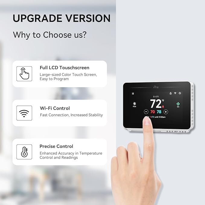 vine Programmable Thermostat for House with 4.3" Touch Screen, WiFi Smart Home Thermostat for AC and Heating, App/Voice Control, Compatible with Alexa and Google Assistant, C-Wire Required, TJ-919T