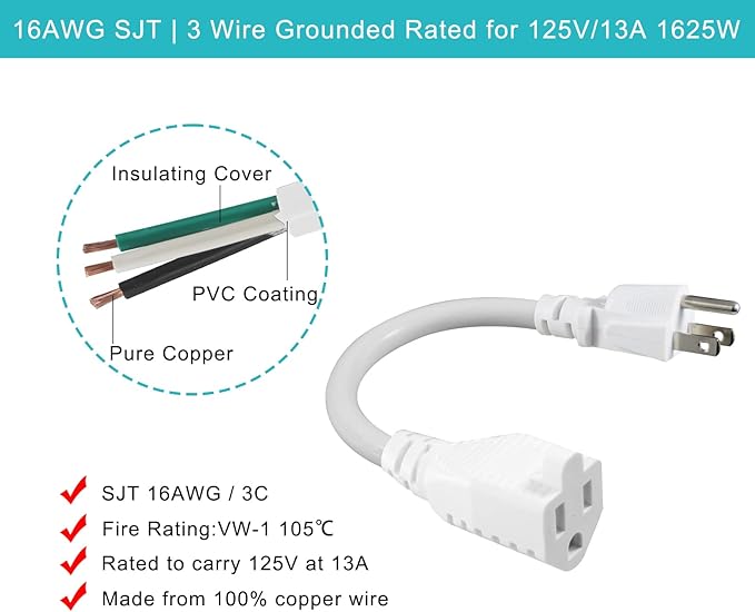 [5 Pack] White Short 3Prong Power Extension Cord - 6inch Mini Indoor Grounded Extension Cord,16AWG Small Electrical AC Extension Cord for Power Strip, 13amp Male to Female Household Extender Cable