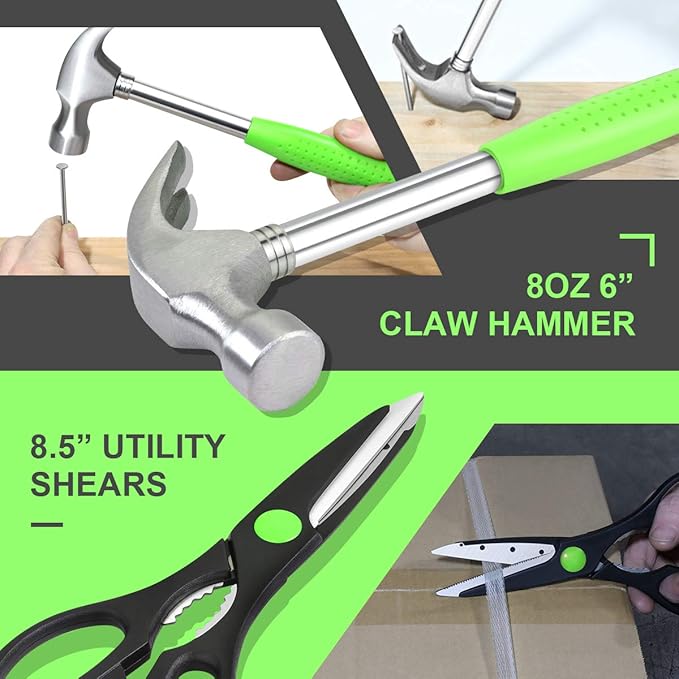 DNA MOTORING 39-Piece Household Tool Set General Repair Small Hand Tool Kit Storage Case for Home Garage Office College Dormitory Use, Green, TOOLS-00010