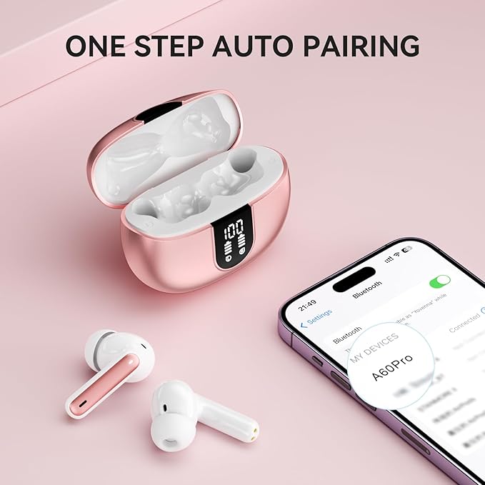 Wireless Earbuds, Bluetooth 5.3 Headphones 40Hrs Playtime Deep Bass Stereo, LED Power Display, Call Noise Canceling Headphones with Mic, IP7 Waterproof Earphones for iOS Android Rose Gold