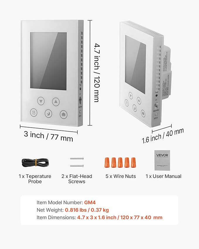 VEVOR 7-Day Programmable Thermostat, Home Thermostats for Radiant Underfloor Heating Cable,Heat Pump, Built-in GFCI & Sensitive Sensor, LED Screen with Backlight,Energy-Efficient,White