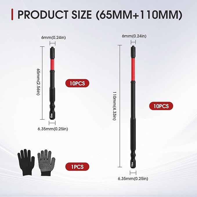 FPH2 Impact Screwdriver Bit Set for Electricians, FPH2 Bits with Magnetic for Electricians, S2 Steel 65mm&110mm Slotted Heads 1/4 Inch Hex Shank with a Pair of Glove, 21PCS