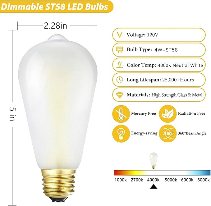 Dimmable E26 Frosted LED Edison Bulbs, 4W Equivalent 40W, Neutral White 4000K,400LM,AC120V,ST58 Antique LED Filament Bulbs with 90+ CRI,Pack of 6 (4W=40W Neutral White)