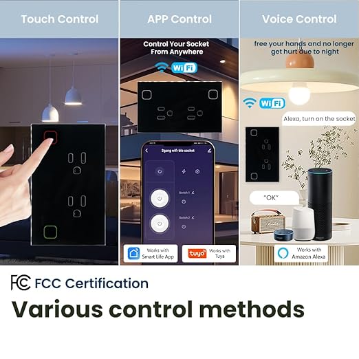 Smart Wall Outlet ,Energy Monitoring,2.4GHZ WiFi Socket FCC,Work with Tuya/Alexa/Google Assistant No Hub Required,Black