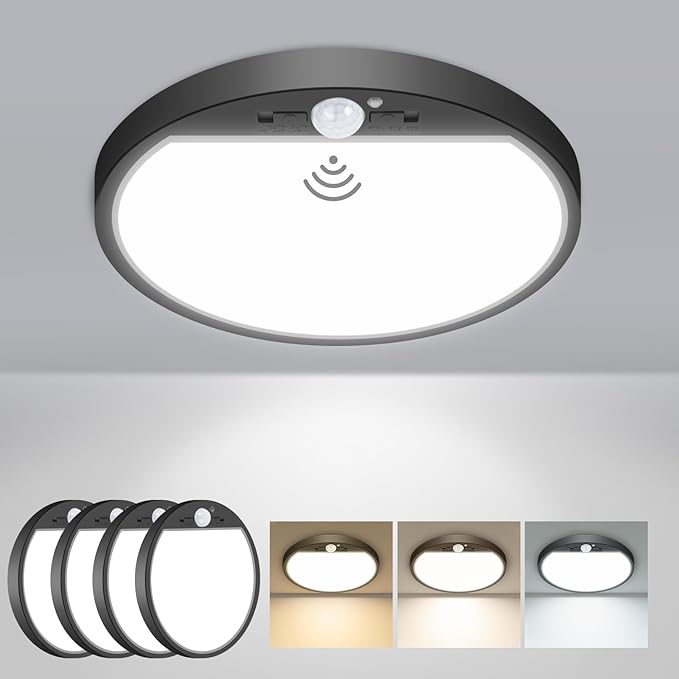 slochi 4Pack Motion Sensor Light Indoor Wired PIR, 3000K/4000K/6500K Closet Lights Motion Sensored, 15W 1500LM 7 in, Timer, Motion Activated Flush Mount Ceiling Light for Hallway Wall Pantry, Black