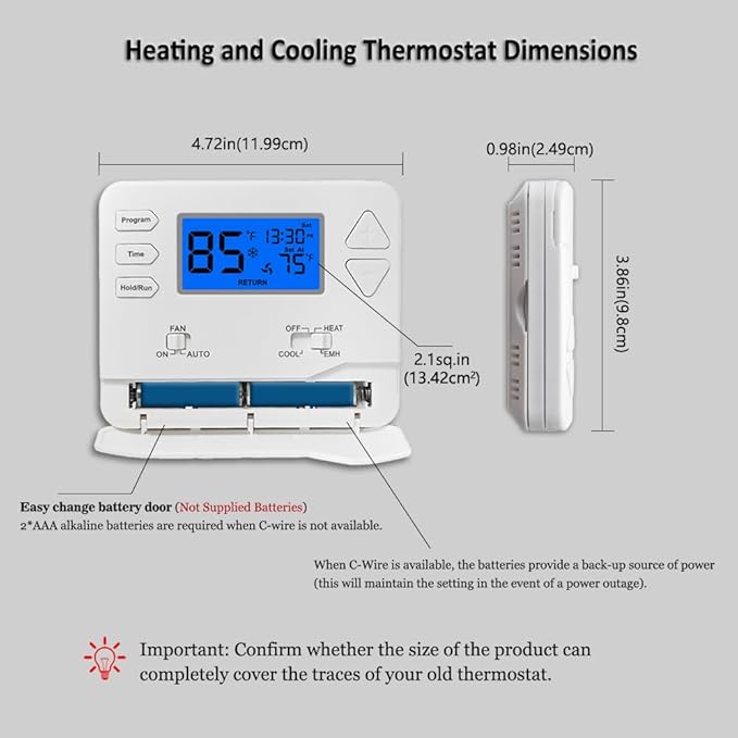 Thermostat for Heat Pump,Programmable Thermostat for Home,Single-Stage Systems,2 Heat/1 Cool Heat Pump Or 1 Heat/1 Cool,Easy DIY Install,Blue Backlight
