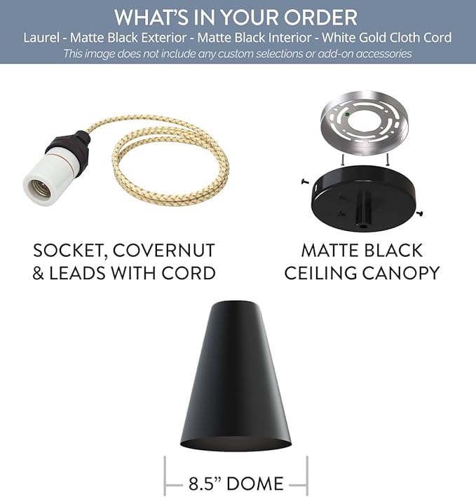 Steel Lighting Co. Laurel Pendant Light | Ceiling Mounted | 8.5 inch Cone Shade | Modern Contemporary Farmhouse Style Made in America | White Gold Cloth Cord | Matte Black Exterior/Interior