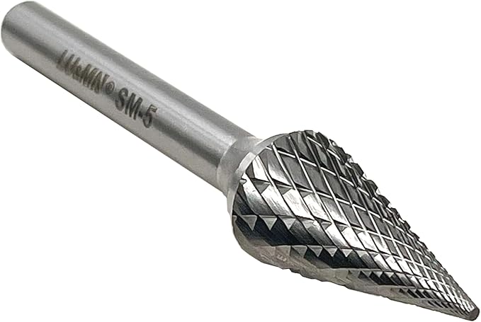 LU&MN SM-5 Tungsten Carbide Burr Rotary File 25 Degree Pointed Cone Shape Double Cut with 1/4''Shank for Die Grinder Drill Bit, 1/4'' Diameter of Shank, 1/2'' Diameter of Cutter 1'' Cutter Length