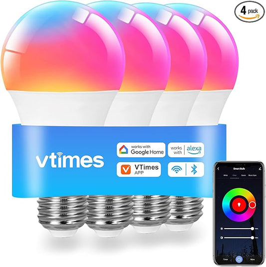 Smart Light Bulbs, WiFi & Bluetooth Light Bulb, Work With Alexa and Google Home, A19 E26 RGBCW LED Color Changing Light Bulb, 16 Million Colors, Dimmable 2700K-6500K, 9W(60W), 800 Lumens 4 Pack