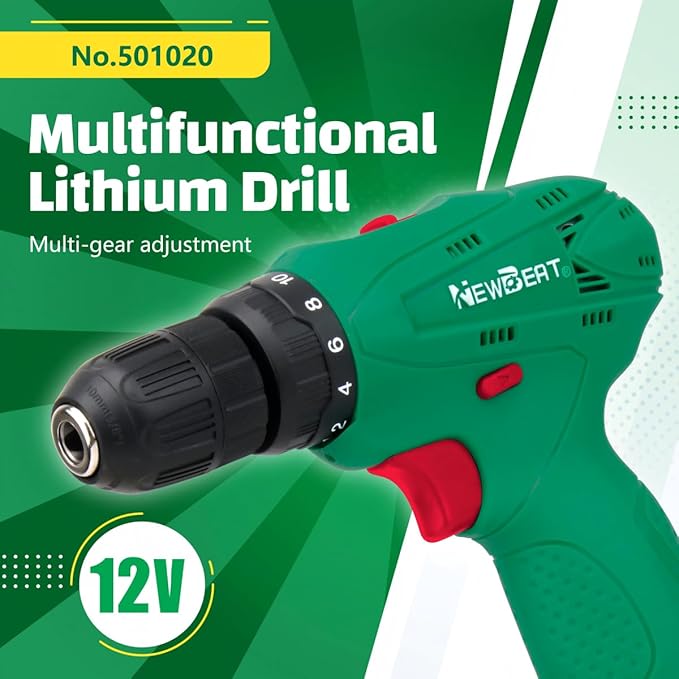 NEWBEAT Cordless Drill Set, 12V Power Drill Driver with Battery and Charger, 3/8" Keyless Chuck, 2 Variable Speed, 18+1 Torque Setting, Cordless Drill Driver Kit for Home and DIY Project