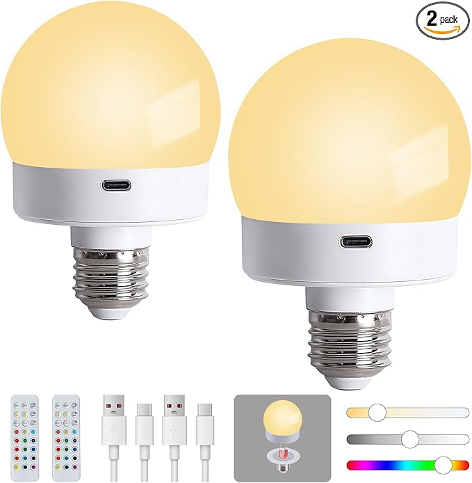 Rechargeable Battery Operated Light Bulb with Remote for Lamps, E26 Wireless USB Charging Magnetic LED Battery Powered Light Bulb, 380 LM Dimmable Puck Lights, 15 Colors, Timer, 2 Pack