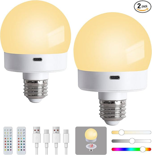 Rechargeable Battery Operated Light Bulb with Remote for Lamps, E26 Wireless USB Charging Magnetic LED Battery Powered Light Bulb, 380 LM Dimmable Puck Lights, 15 Colors, Timer, 2 Pack