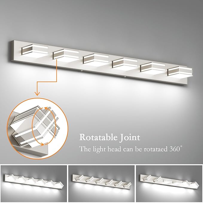 Ralbay 48inch Brushed Nickel Bathroom Vanity Light 6-Light Metal Acrylic Modern LED Bathroom Lighting Over Mirror