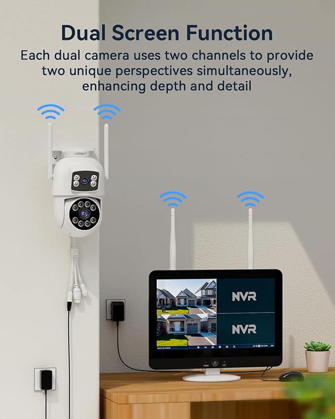 Security Camera System Wireless Outdoor with 12" Monitor, 4pcs 2K Dual Lens Cameras for Home & Business Surveillance, 360° PTZ, 2.4G/5G WiFi, Human Detection, Auto Tracking, 16CH NVR, 500G HDD