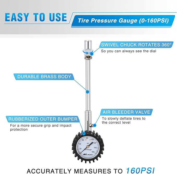 Nilight Tire Pressure Gauge 160PSI Heavy Duty Stainless Steel Dual Head Air Pressure Chucks ANSI B40.1 Certified Large 2" Dial Wheel Checker for Truck Semi Truck ATV Motorhome Cars & RV Accessories