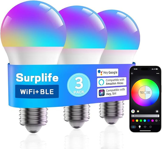 Smart Light Bulbs,Full Color Changing Dimmable LED Bulb,Compatible with Alexa and Google Assistant,UL FCC Certified,2.4GHz WiFi+Bluetooth LED Light Bulbs, Music Sync Smart Home Lighting (3)