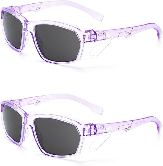 ProtectX Stylish Anti-Fog & Scratch-Resistant Safety Glasses With Readers, UV Protection Goggles, Anti-Impact Lightweight Glasses for Men＆Women Lilac Tinted Smoke - 2 Pack
