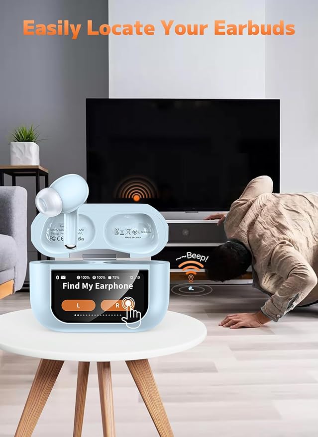 Wireless Earbuds, Bluetooth 5.4 Ear Buds with Multifunctional Touch Screen, ANC/ENC Noise Cancelling Headphones with 48H Playtime, Bass Stereo Sound, for Laptop, Android/iOS, Pad- Sky Blue